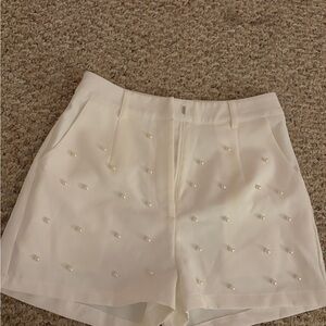 Boohoo White High-Waist Pearl-Accent Tailored Shorts